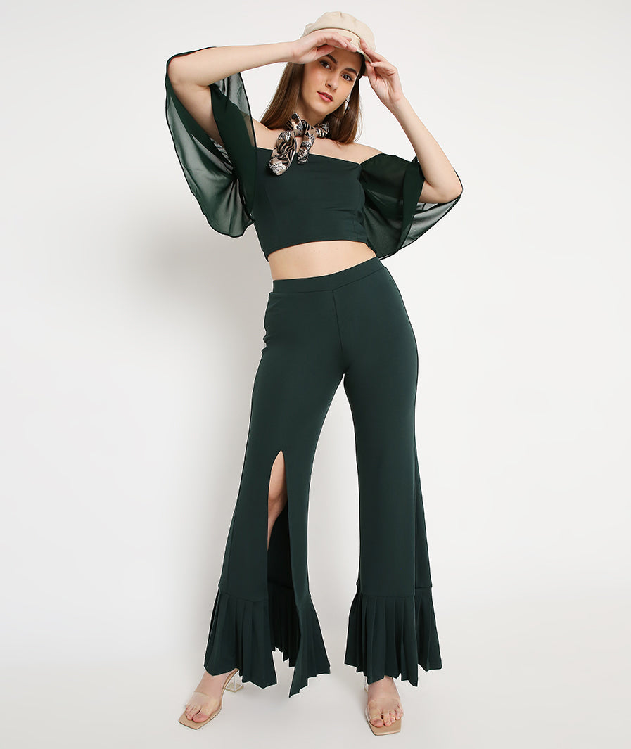 Pleated bottom detail on green slit pants with bell sleeve crop – pants co ord for women
