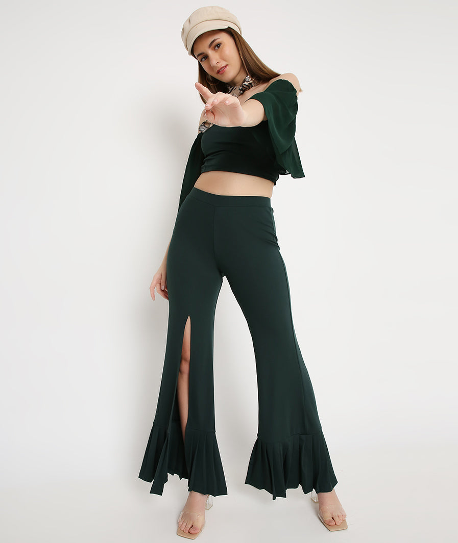Styled green georgette-sleeve crop and pleated pants matching set
