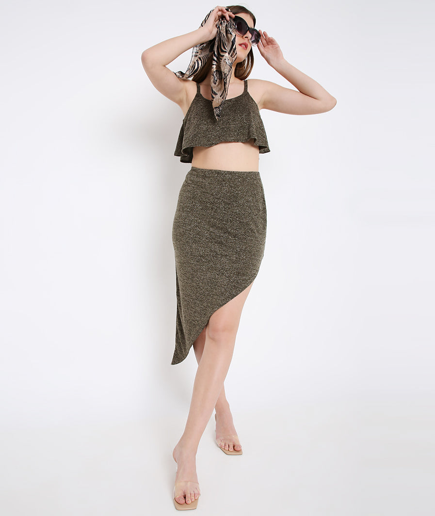 Green shimmer flounce crop top with razor cut skirt co-ord – Marcel & Mae
