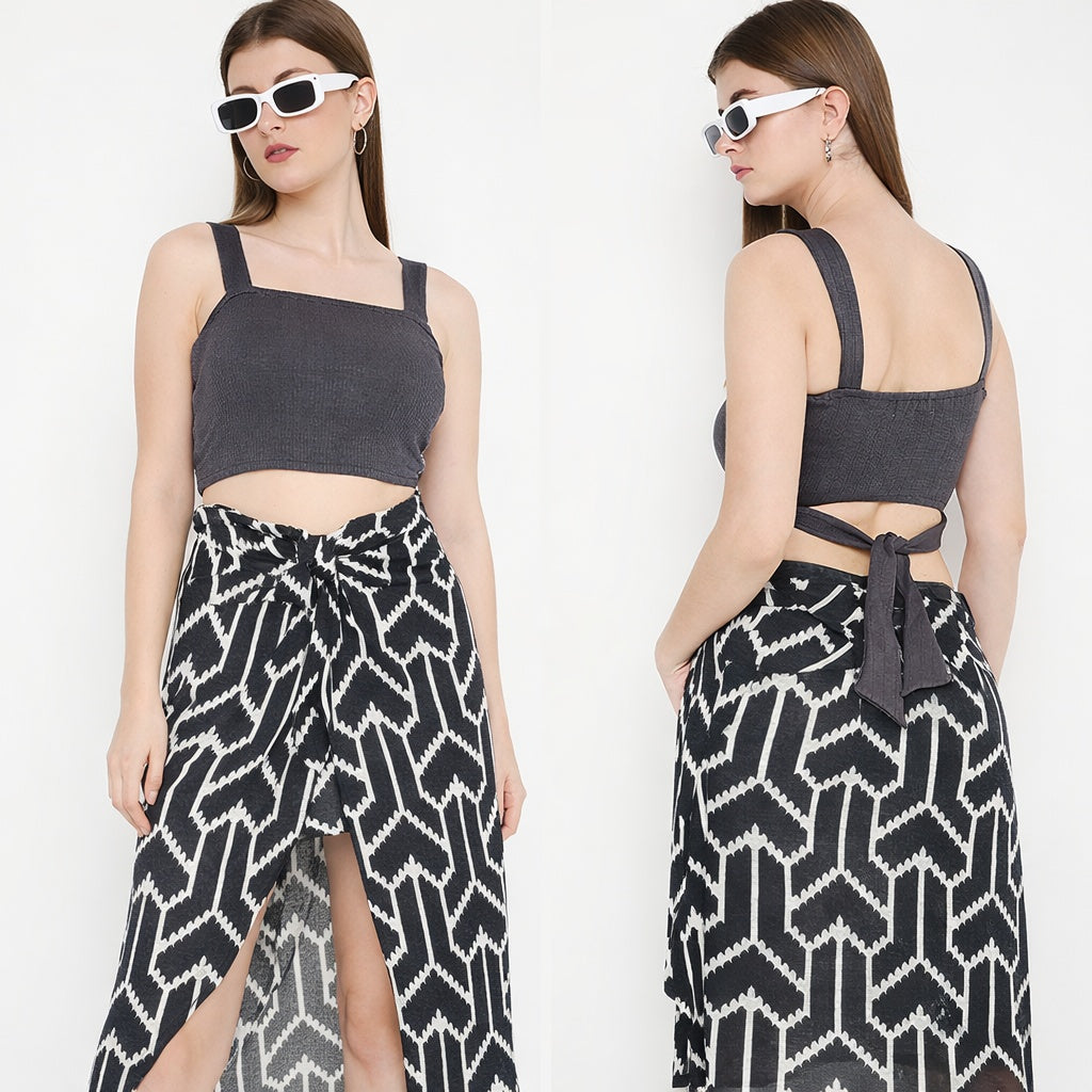 Zig zag drawstring hem detail on grey skirt with crop top – casual co ord for women
