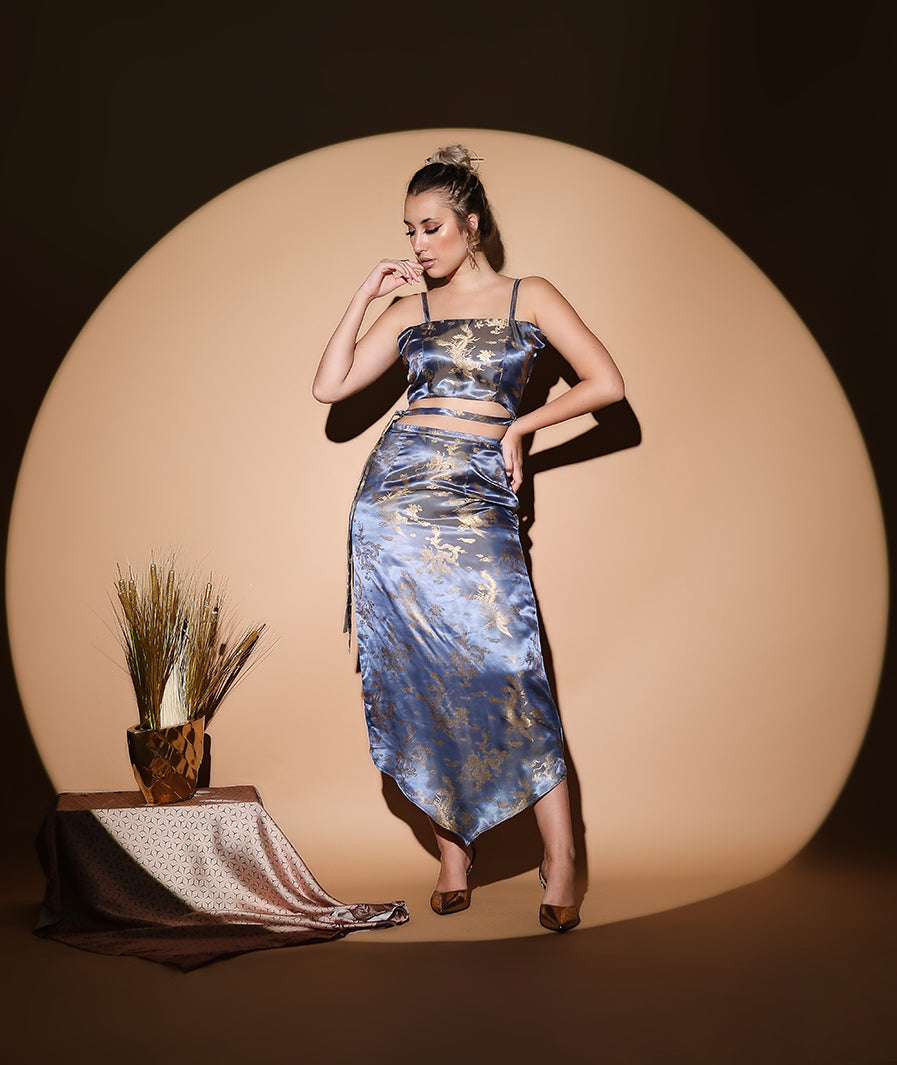 Handkerchief hem movement on grey dragon satin skirt – flowing co ord for women
