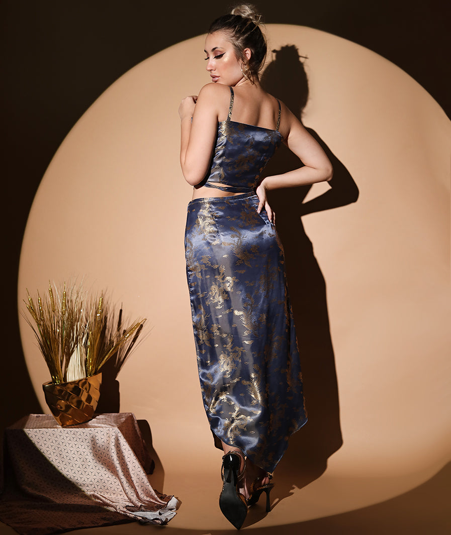 Full look grey dragon satin matching set – festive western wear
