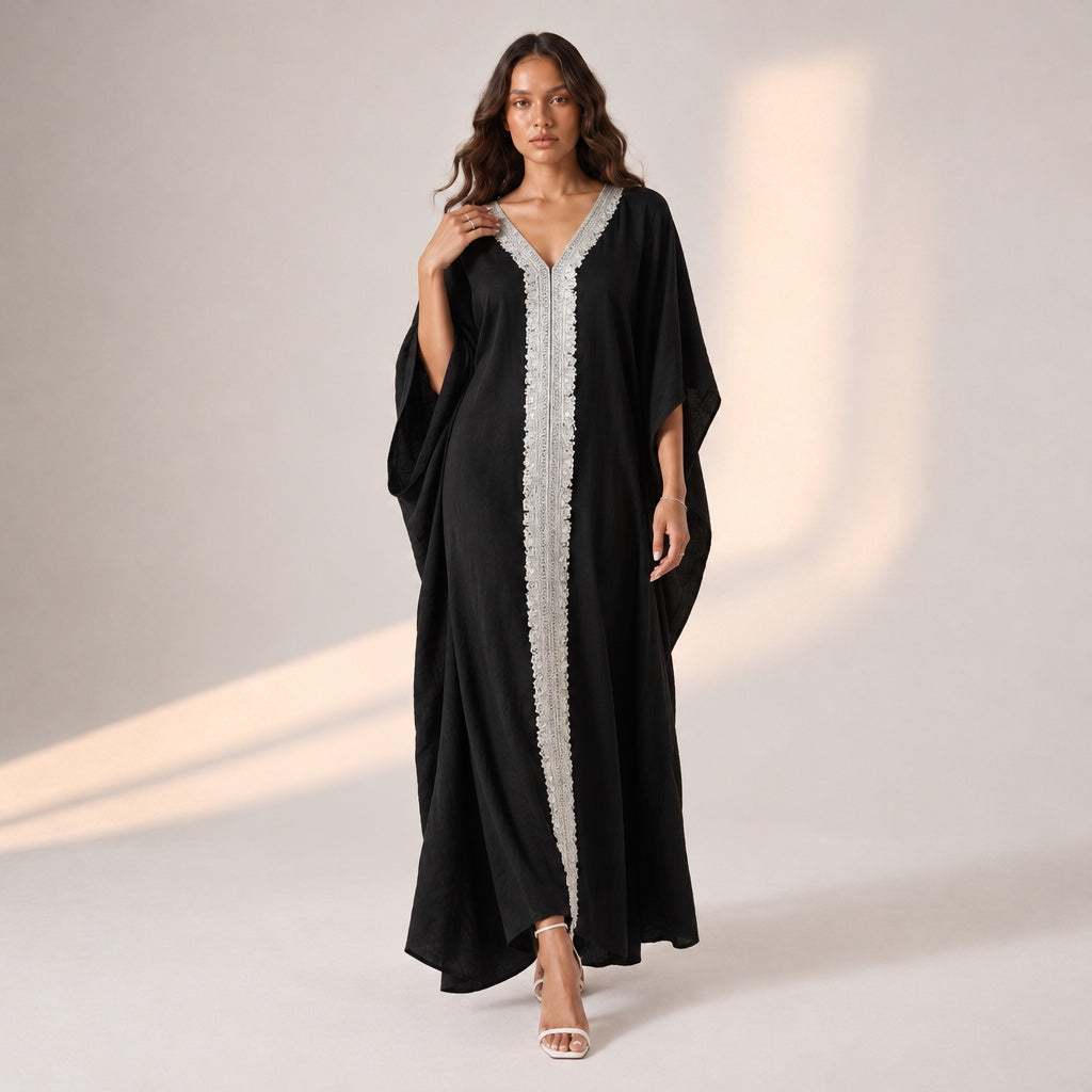 Black Full Length Evening Wear Kaftan with Glitter Lace Detail