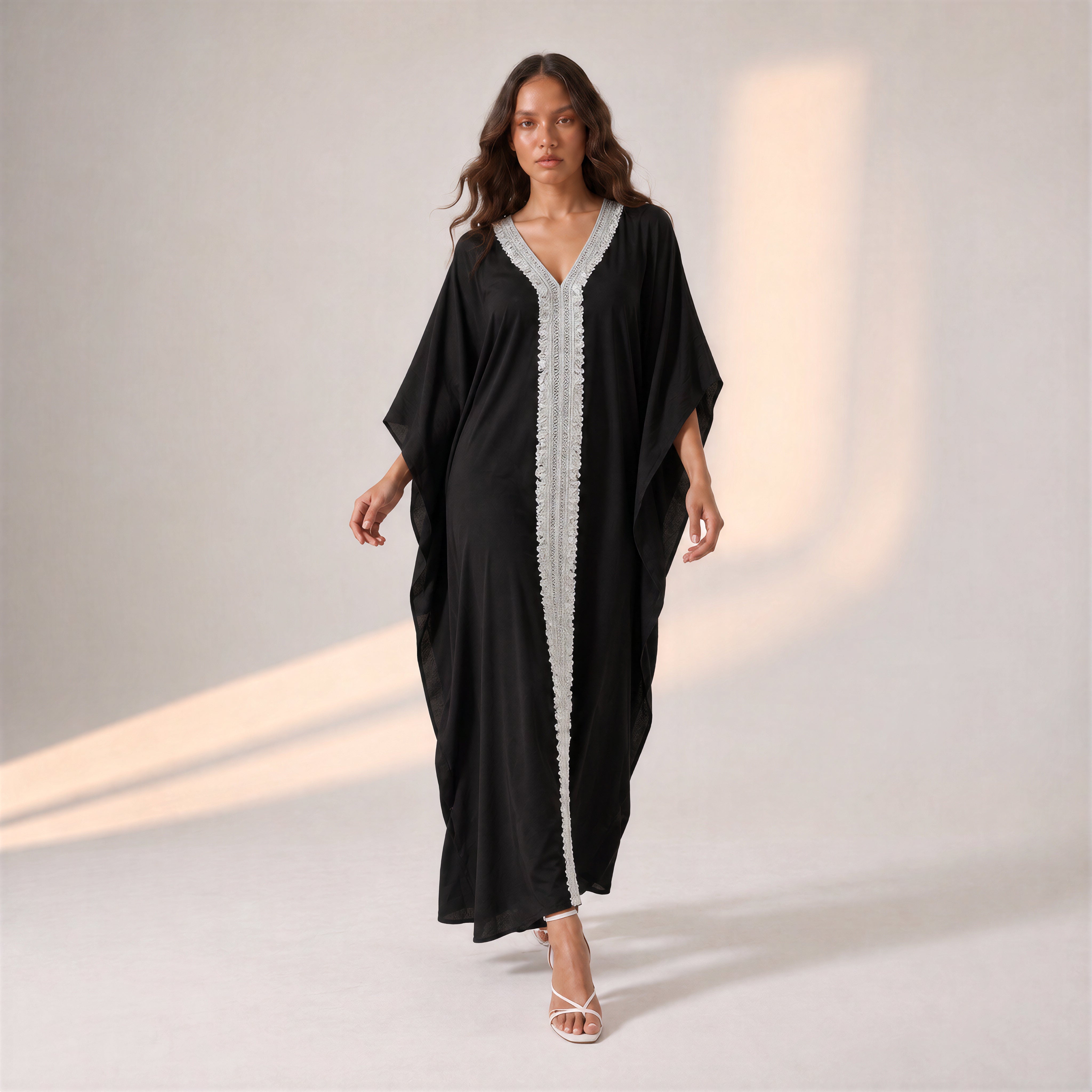 Black Full Length Evening Wear Kaftan with Glitter Lace Detail