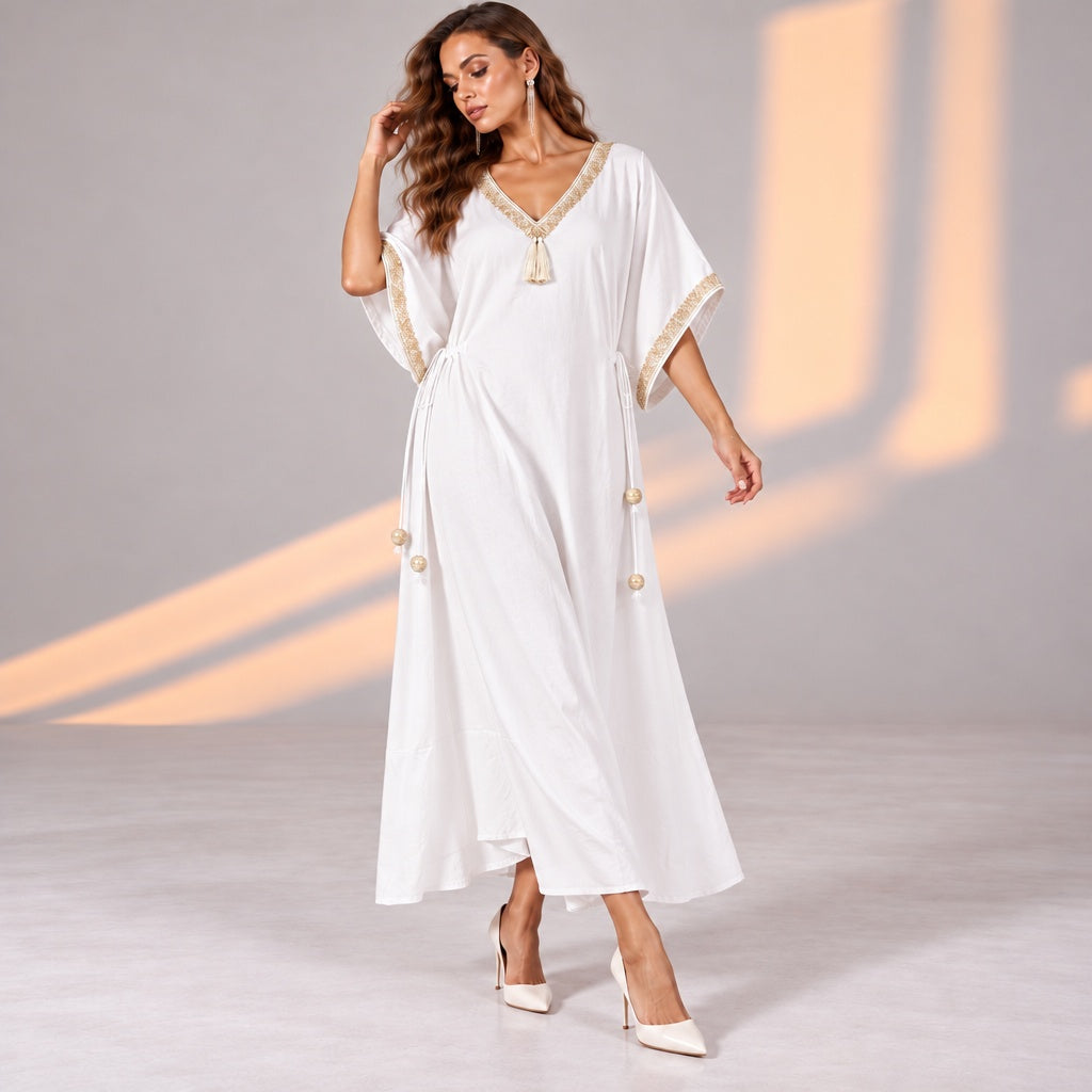 White Side Drawstring Island Kaftan Dress with Glitter Lace Detail