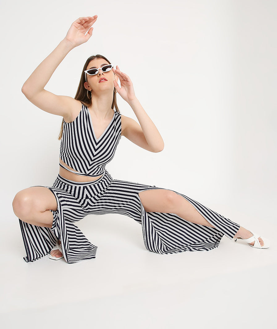 Close-up navy stripe pattern on co-ord pants set for women
