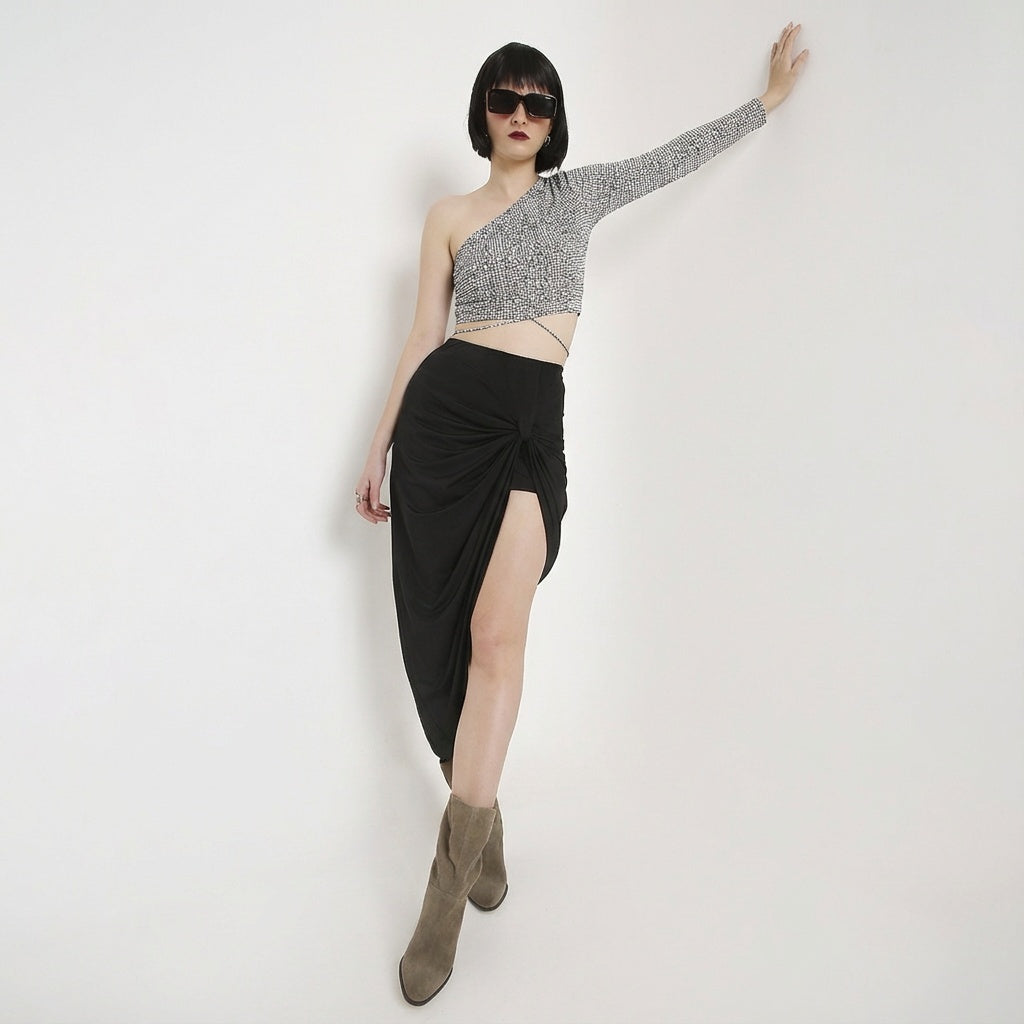Abstract off-shoulder tie-up crop with black crystal front knot skirt co-ord – Marcel & Mae
