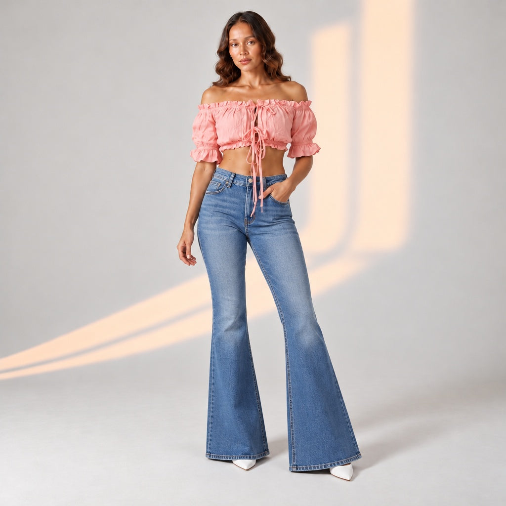 Pink milkmaid crop top. Off shoulder tie front blouse. Bohemian summer top. European fit summer outfit. Casual resort style. Bali fit fashion. Effortless beach vacation look. Pink smocked top. Trendy summer blouse. Tropical getaway style.