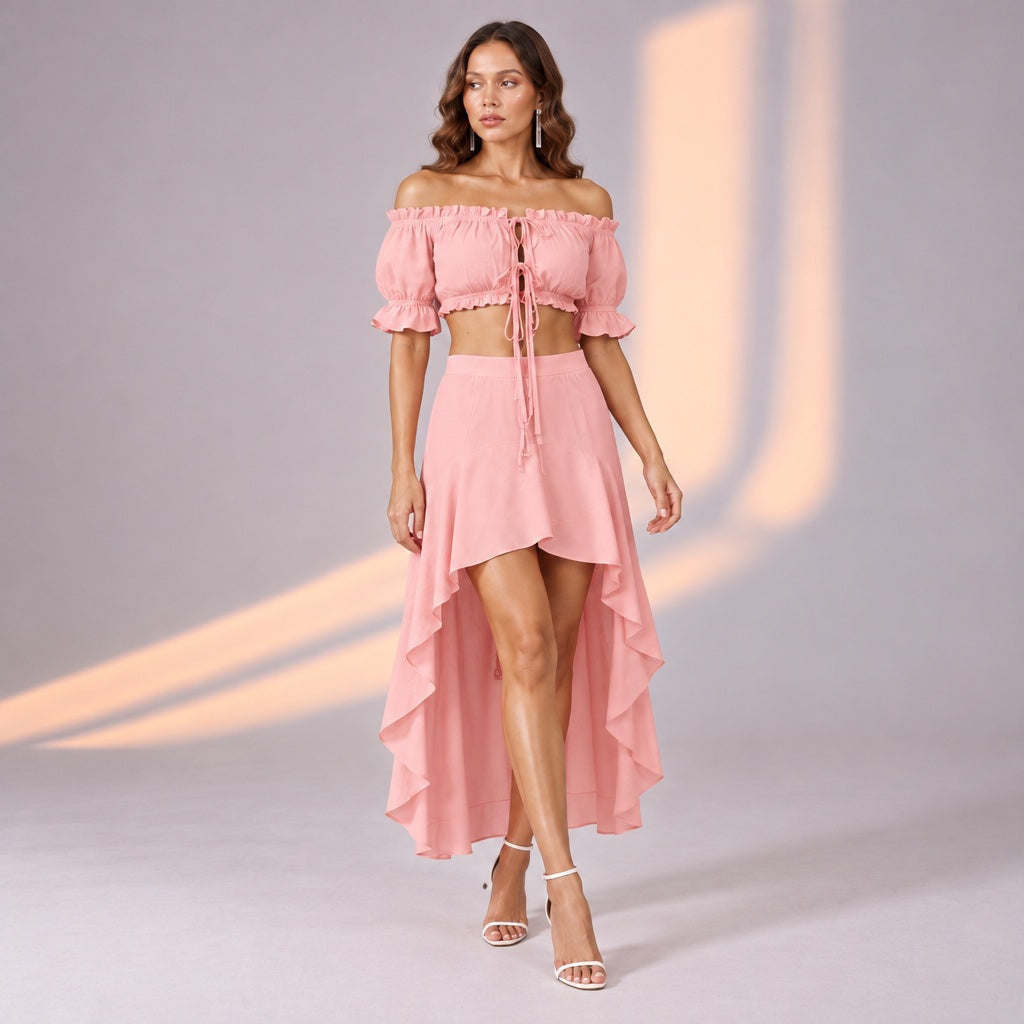 Pink matching skirt set. Flowy high low skirt. Off shoulder ruffled top. Festival fashion set. Summer party co ord. Romantic beach vacation style. Asymmetrical ruffle skirt set. European fit summer look. Trendy two piece set. Bali fit aesthetic. Sunset vacation outfit. Feminine resortwear.