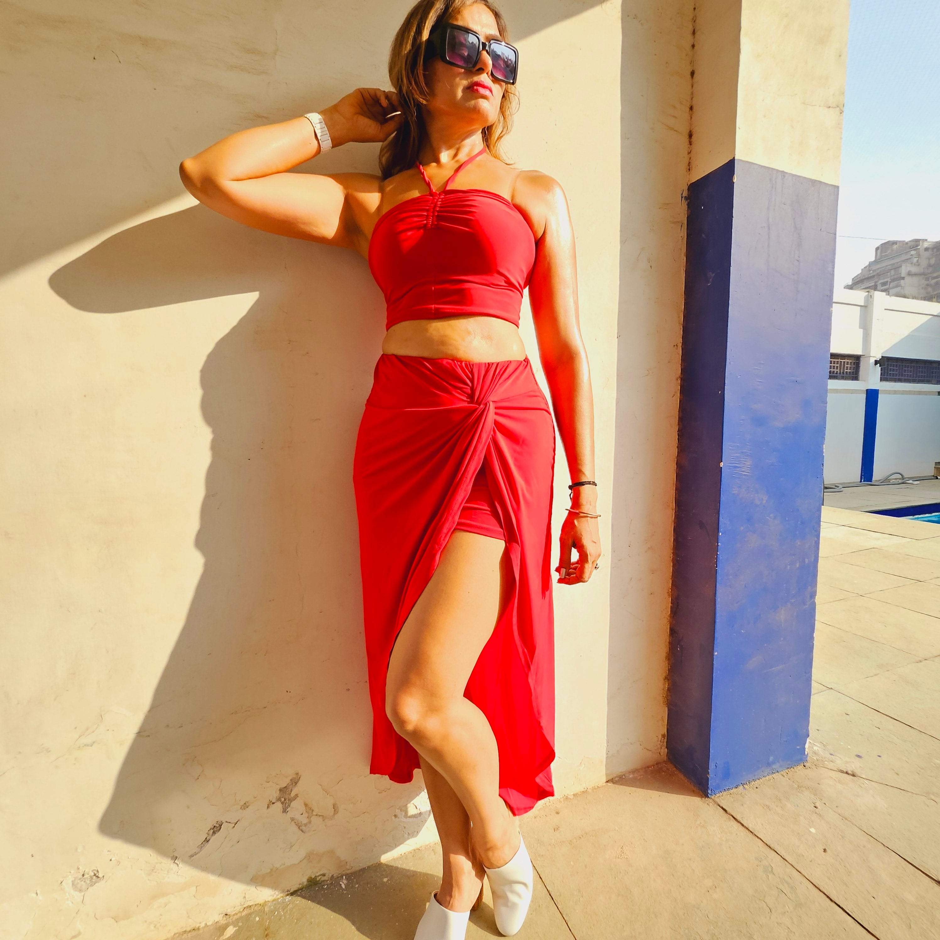 front view of Red Dancer Midi Skirt – soft stretch western skirt, Marcel & Mae
