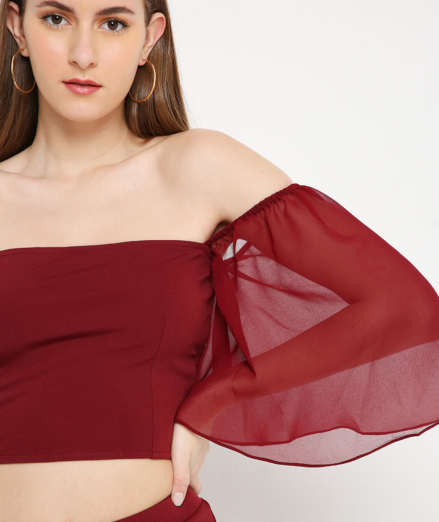 Pleated bottom detail on wine slit pants with red bell sleeve crop – pants co ord for women
