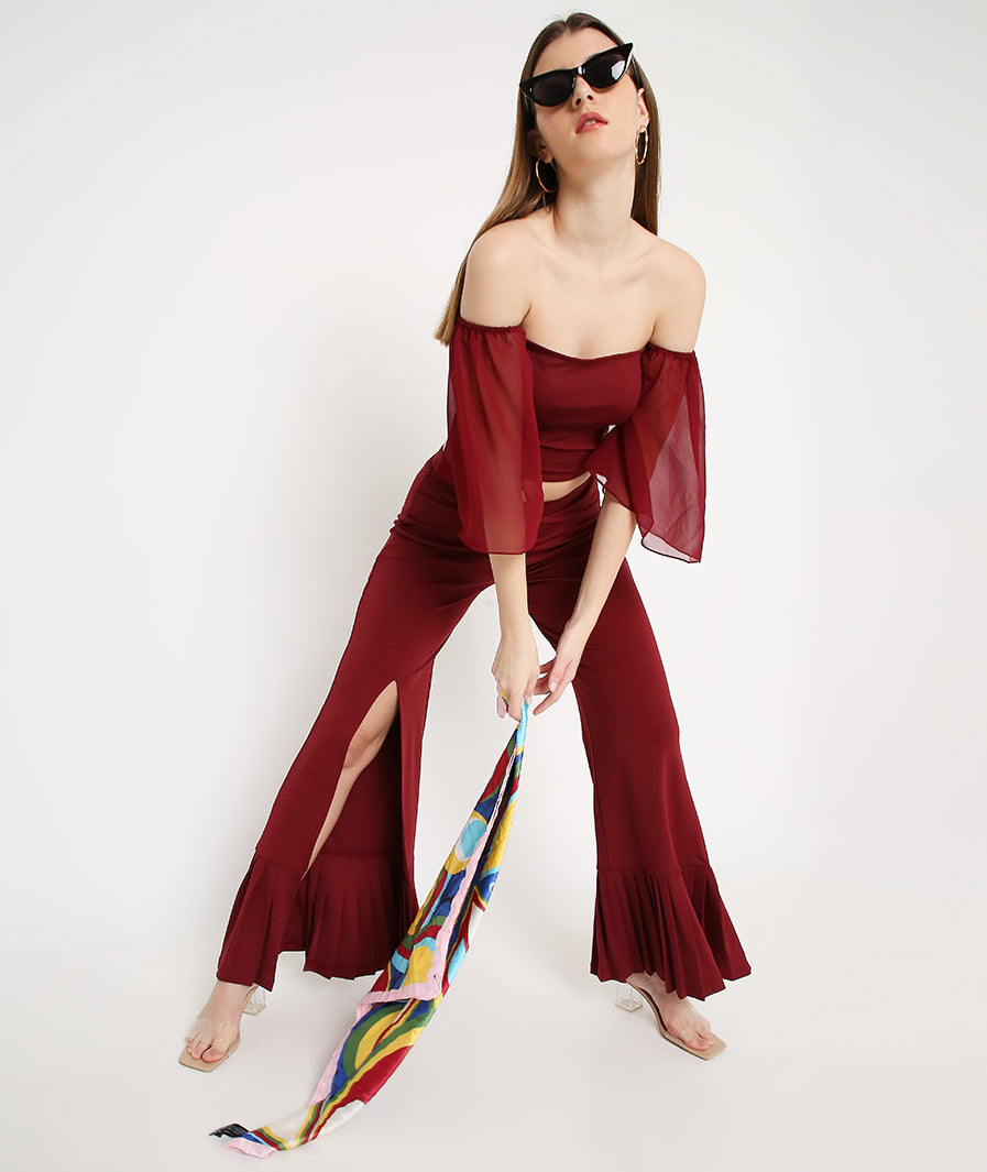 Full look red and wine matching crop and trousers – festive western wear
