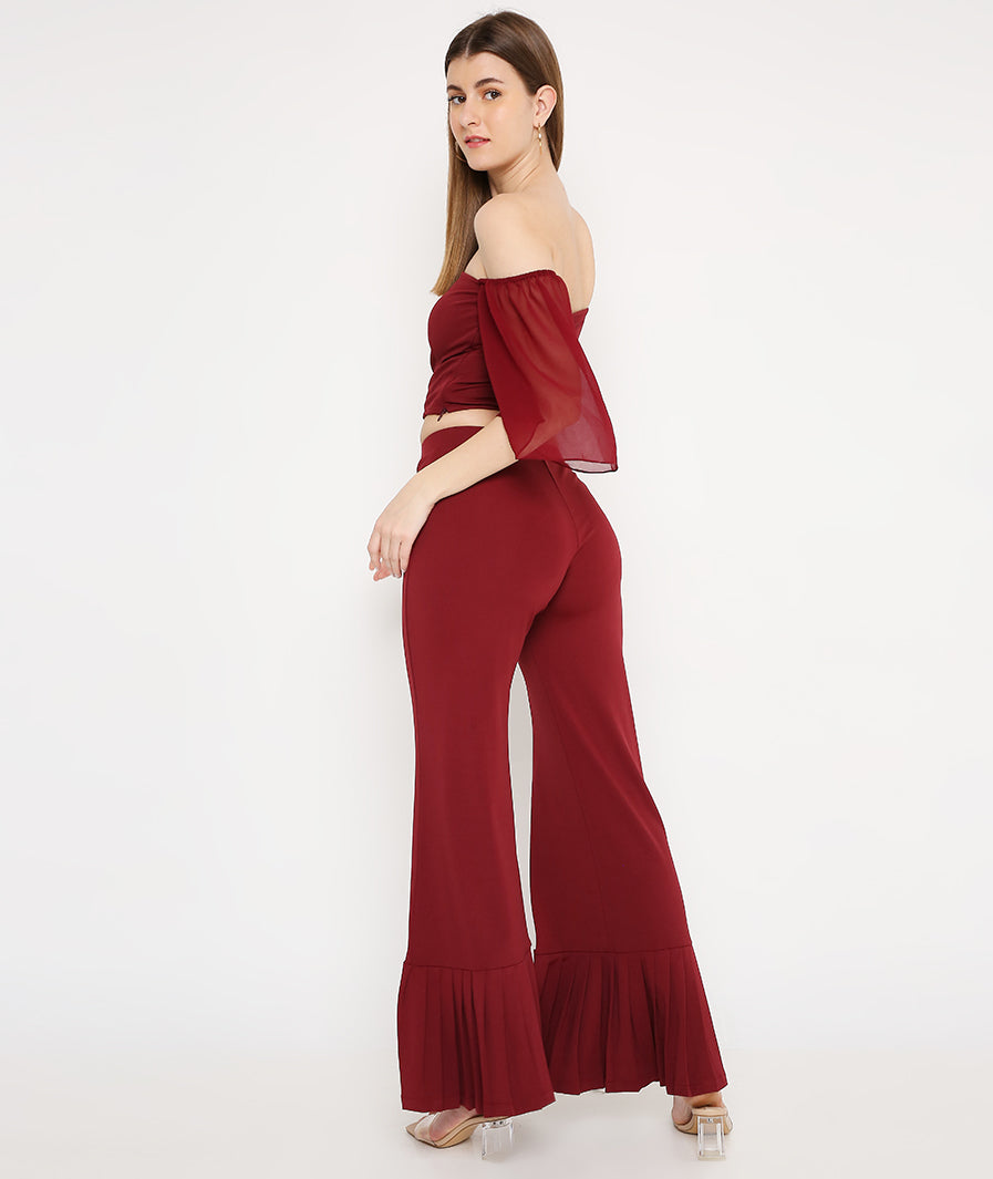 Styled red georgette-sleeve crop and wine pleated pants matching set
