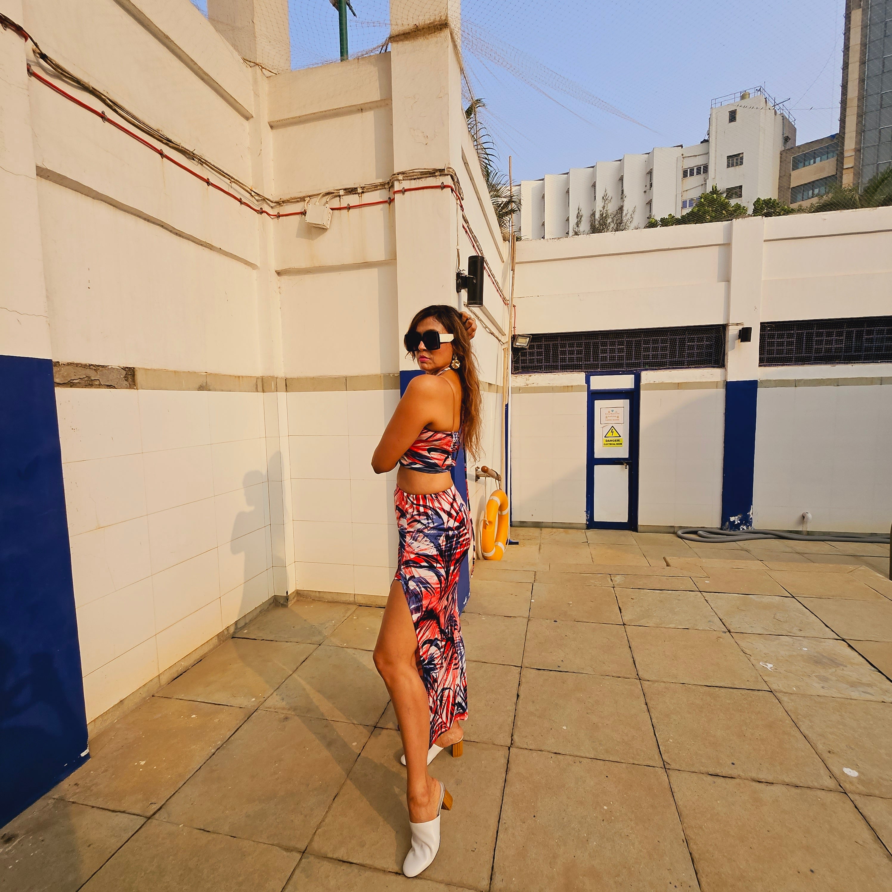 slit movement shot of Red Leafy Slit Long Skirt – soft stretch western skirt, Marcel & Mae
