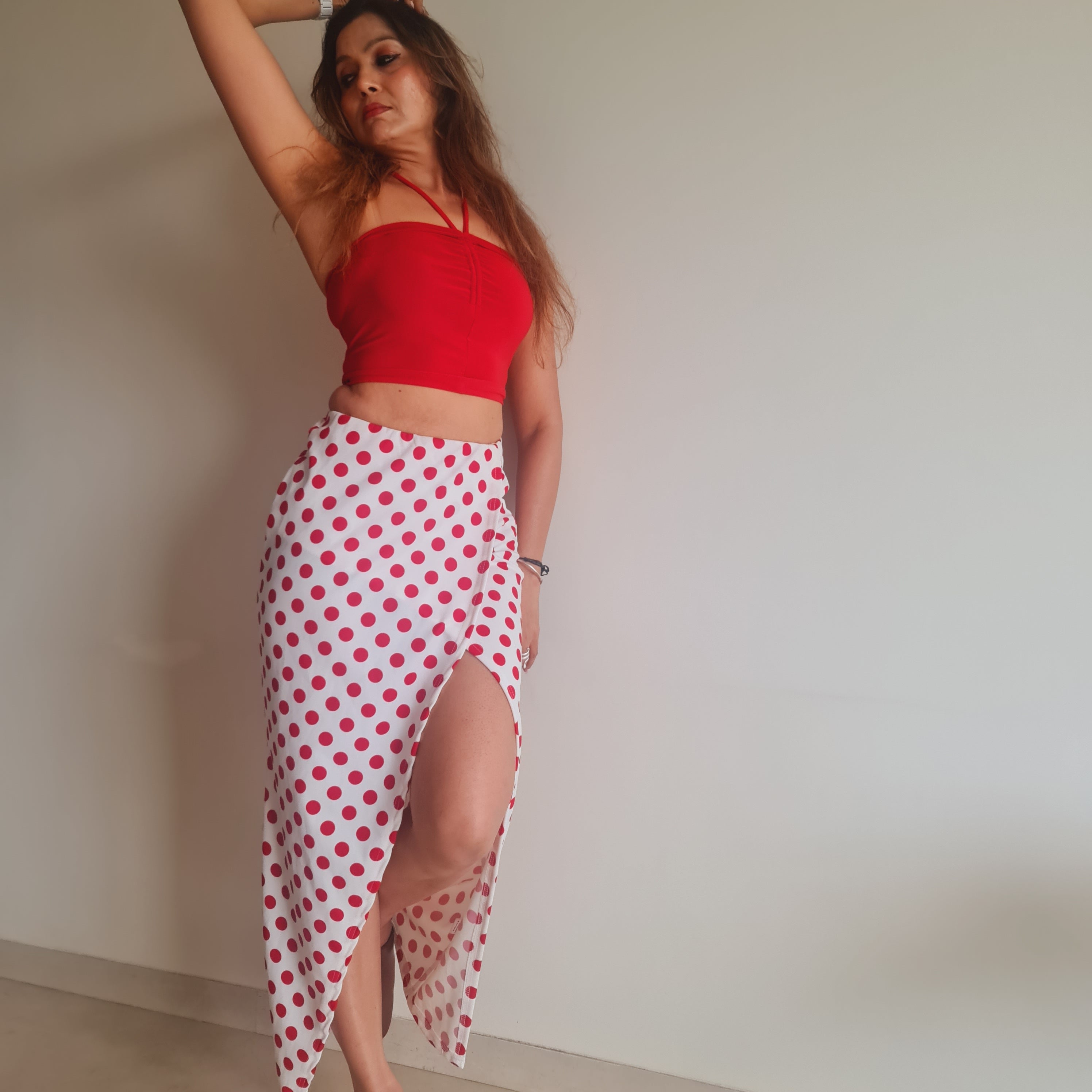 back view of Red Polka Wraparound Long Skirt – soft stretch western skirt, Marcel & Mae
