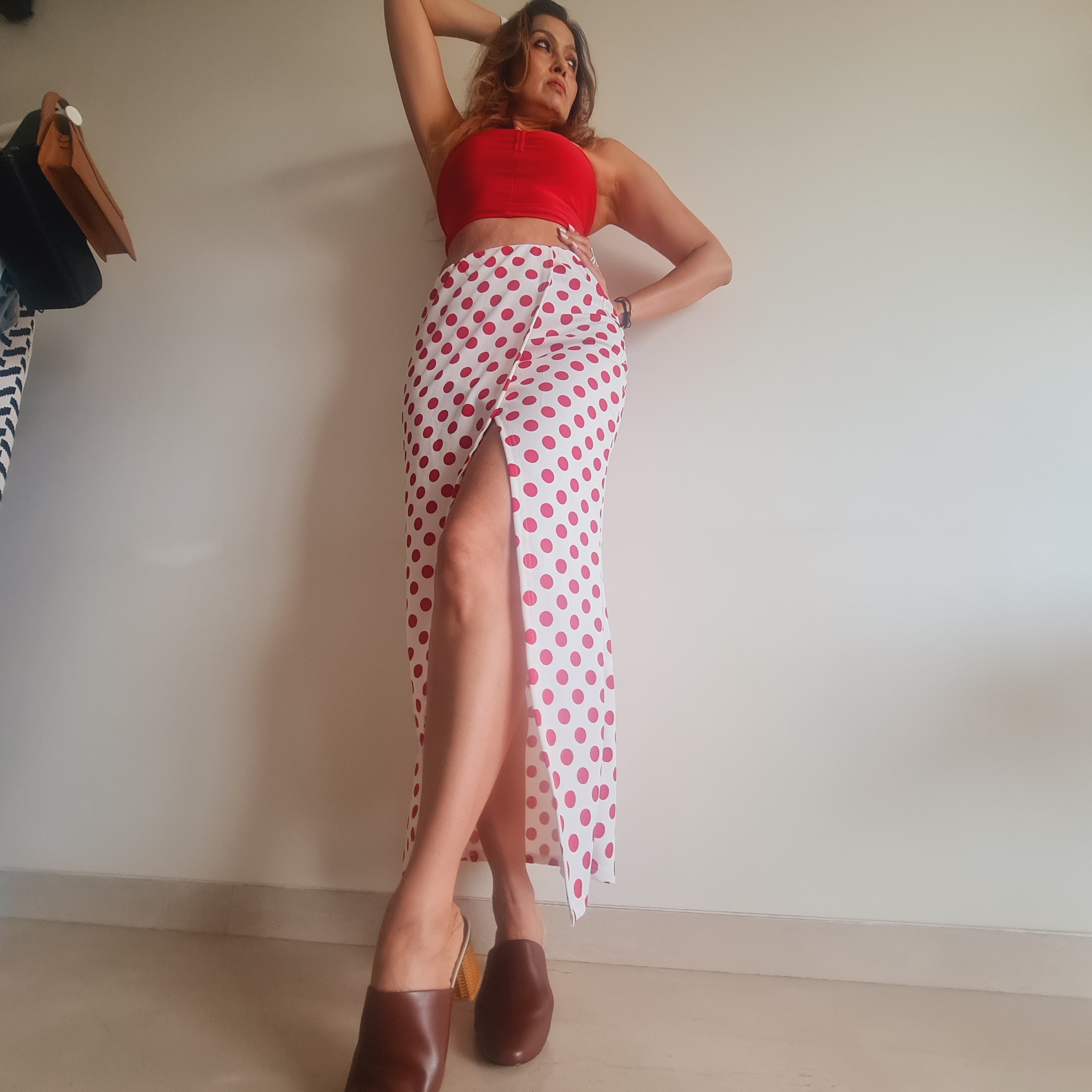 Marcel & Mae Red Polka Wraparound Long Skirt, waist detail, white long skirt
