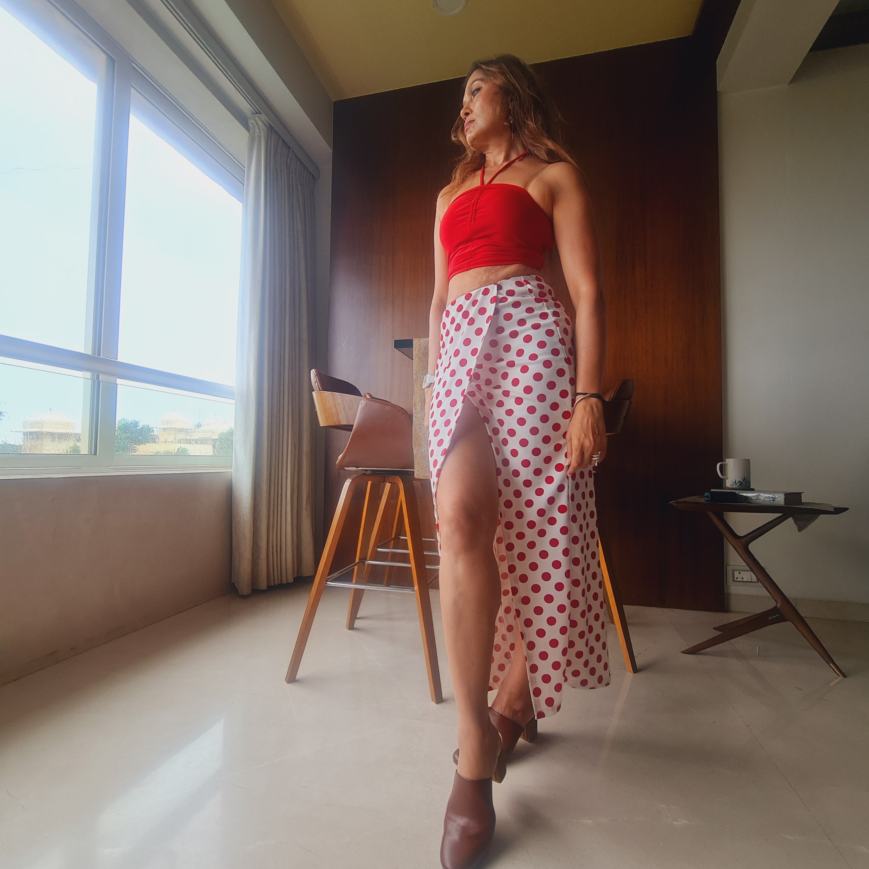 Red Polka Wraparound Long Skirt styled for party and vacation – pair with crop top look
