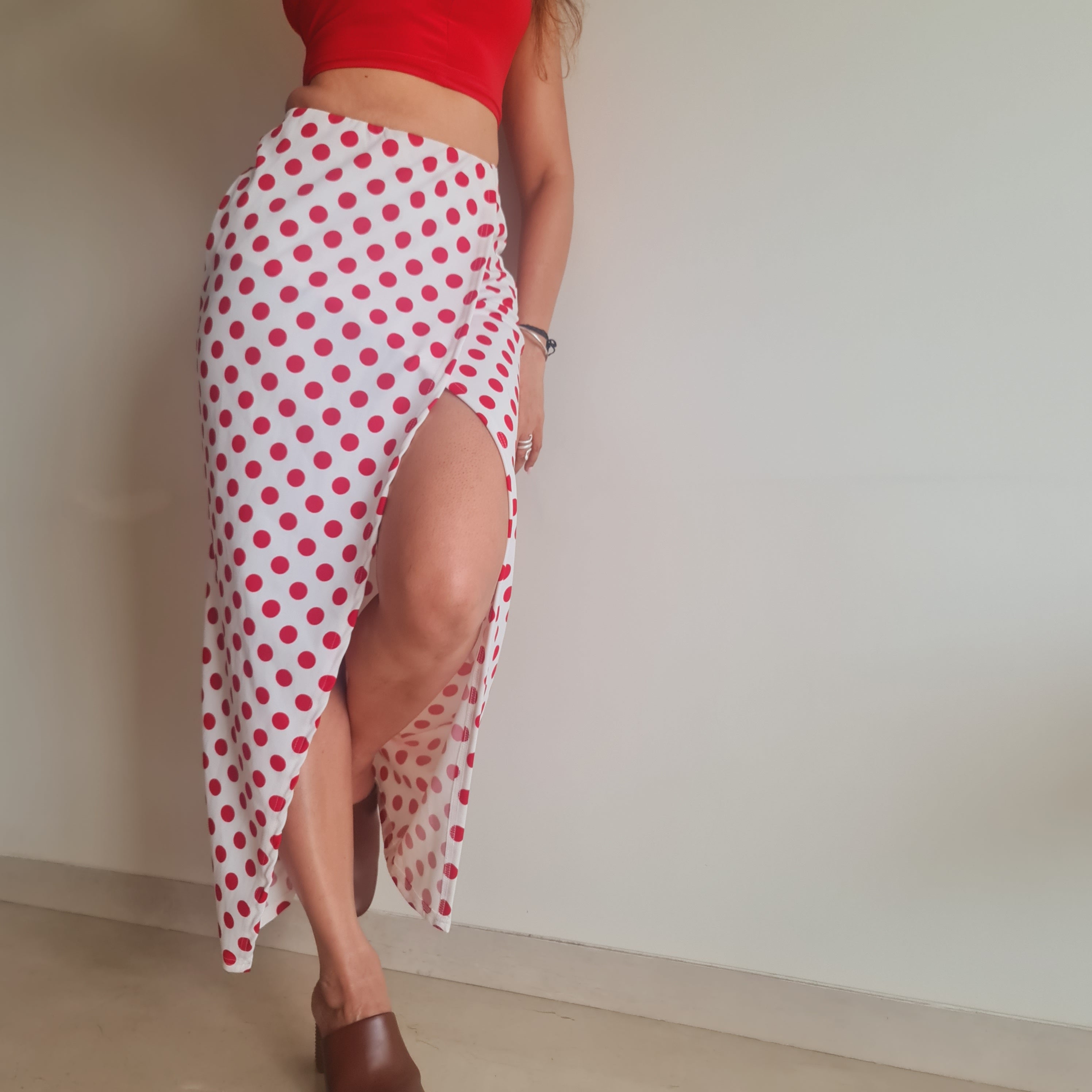 white long skirt: Red Polka Wraparound Long Skirt (waist detail)
