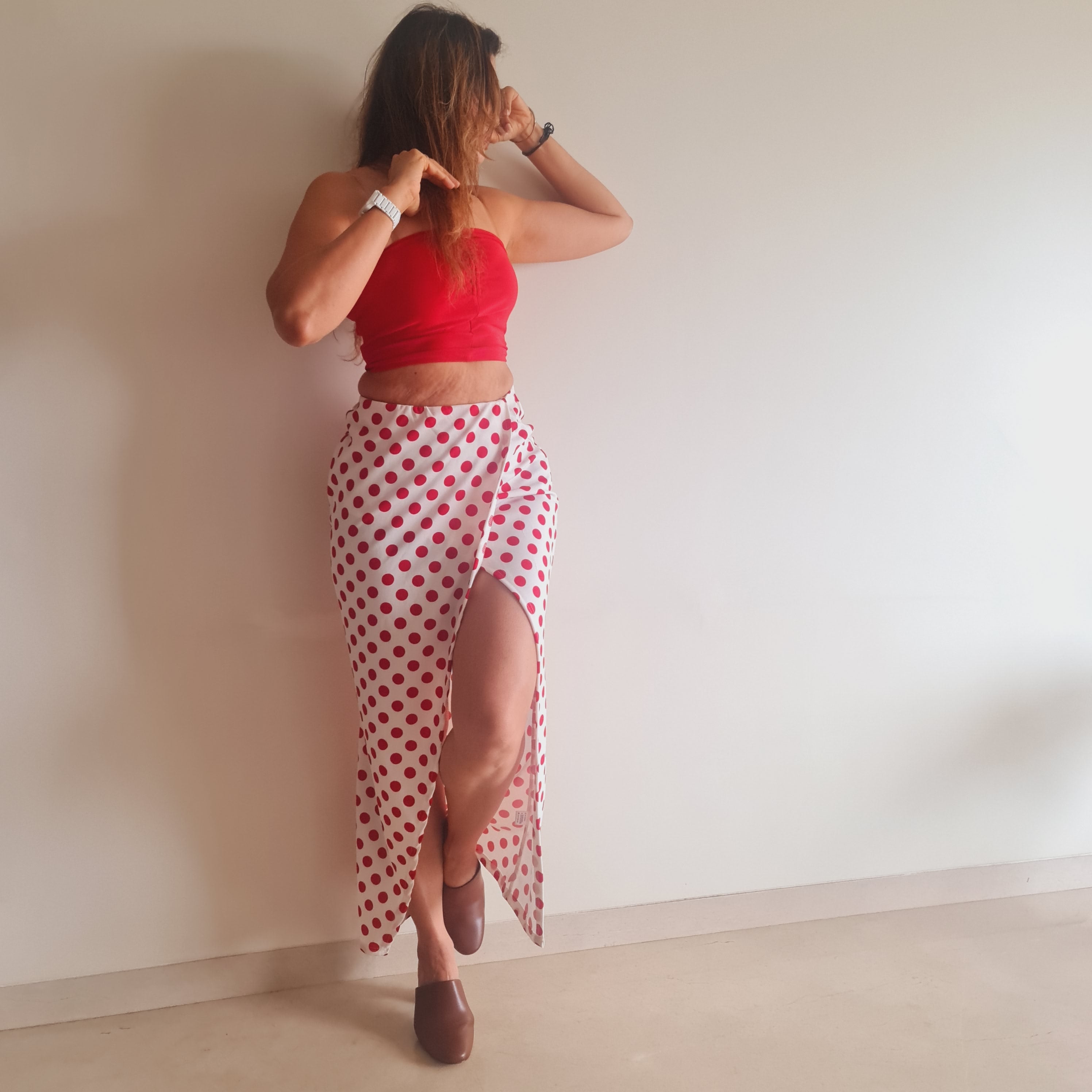 side angle of Red Polka Wraparound Long Skirt – soft stretch western skirt, Marcel & Mae
