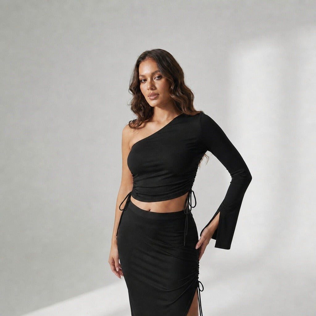Black Off-Shoulder Side Drawstring Top
