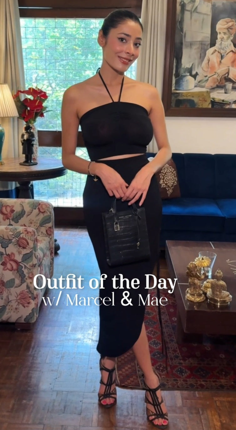 Black Ruched Crop + Drawstring Skirt Set