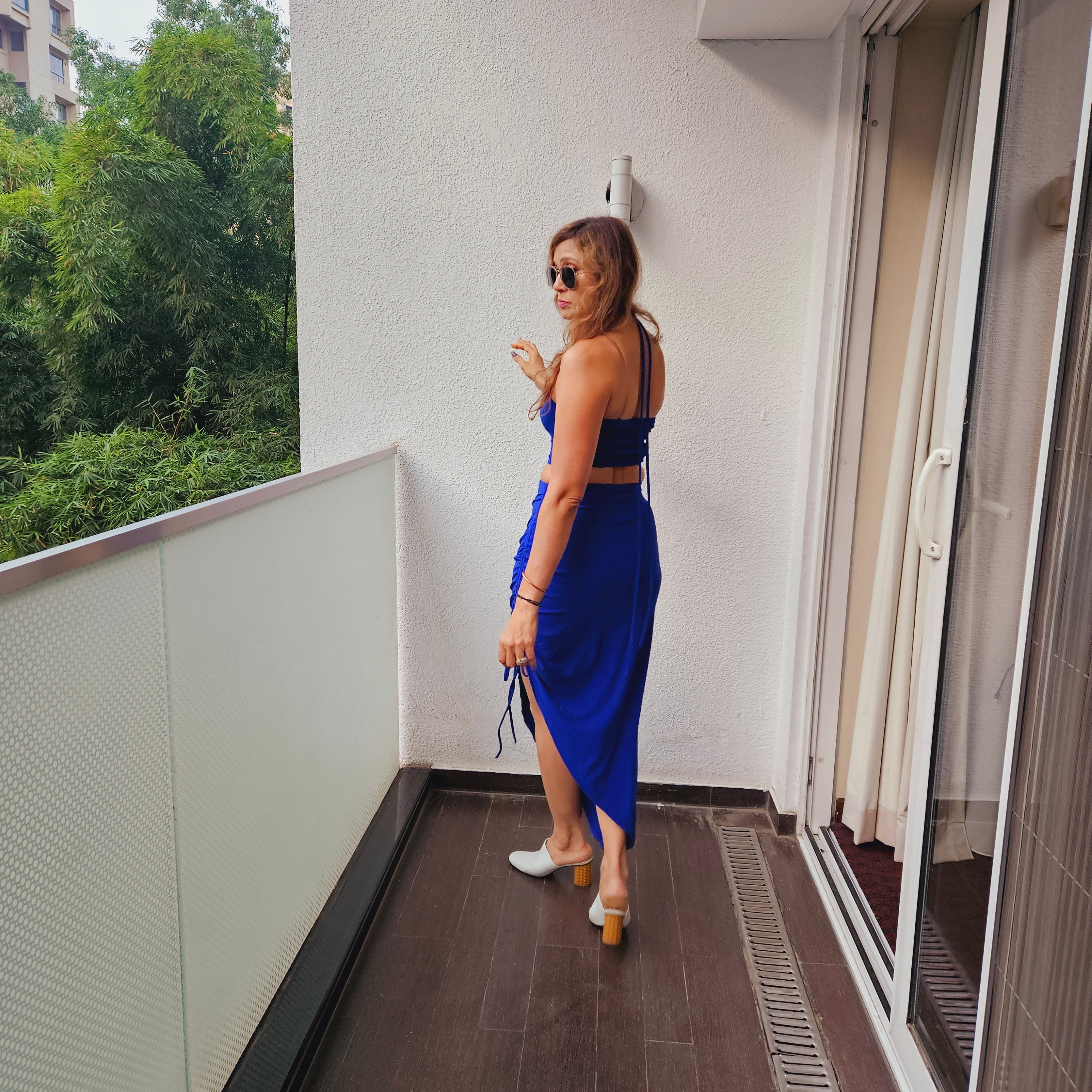 Royal Blue Drawstring Asymmetrical Long Skirt styled for party and vacation – hem detail
