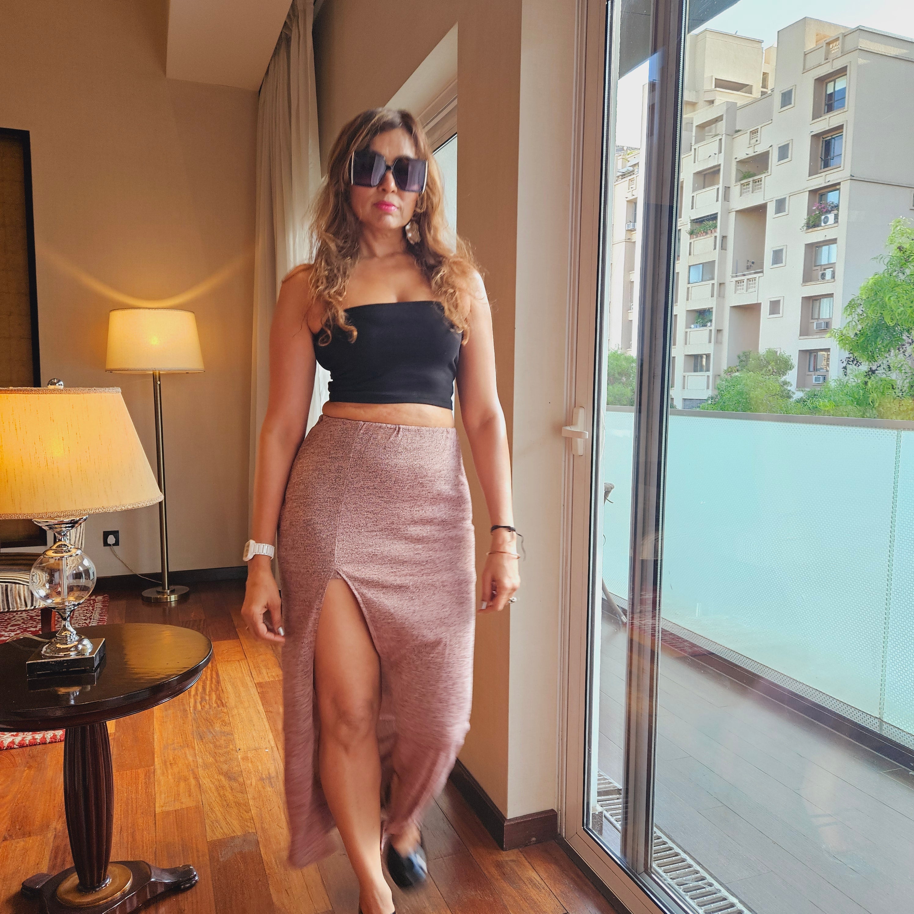 salmon long skirt: Salmon Shimmer Slit Long Skirt (front view)
