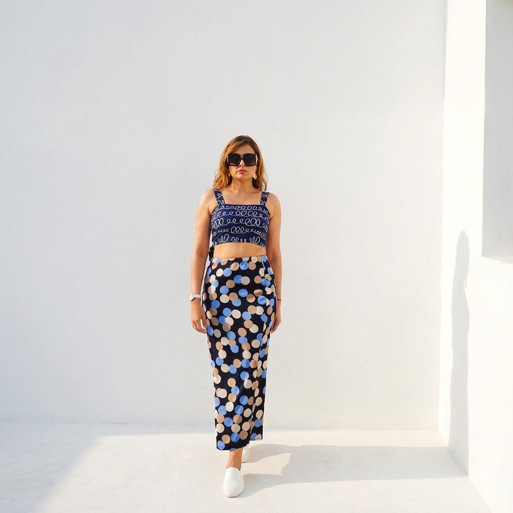 Wired Crop Top + Navy Polka Skirt Set