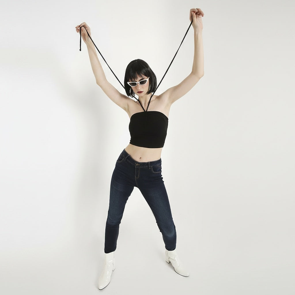 Black Ruched Beach Alter Neck Crop Top