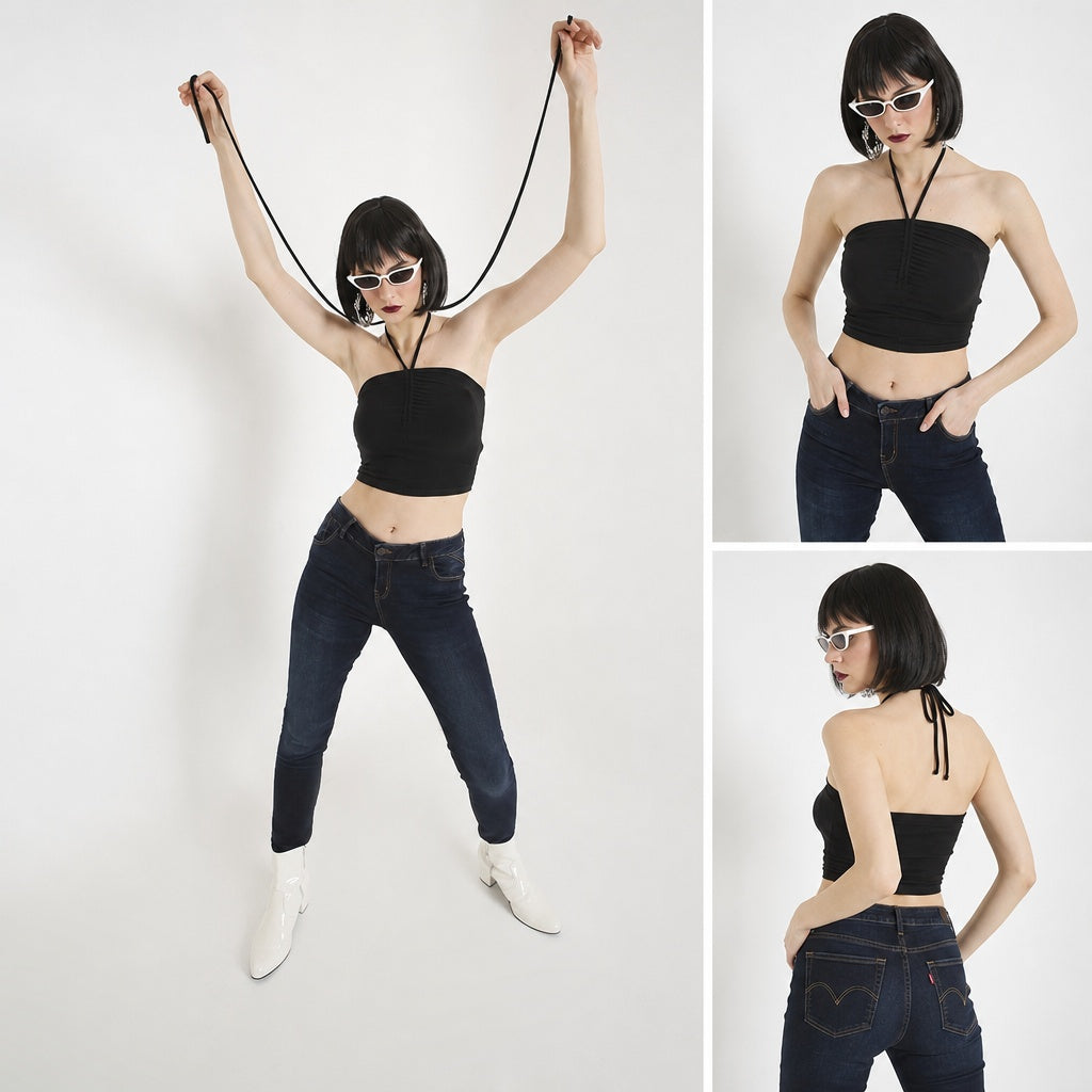 Black Ruched Beach Alter Neck Crop Top