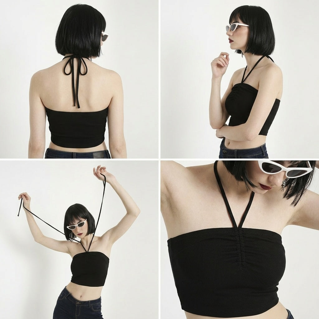 Black Ruched Beach Alter Neck Crop Top