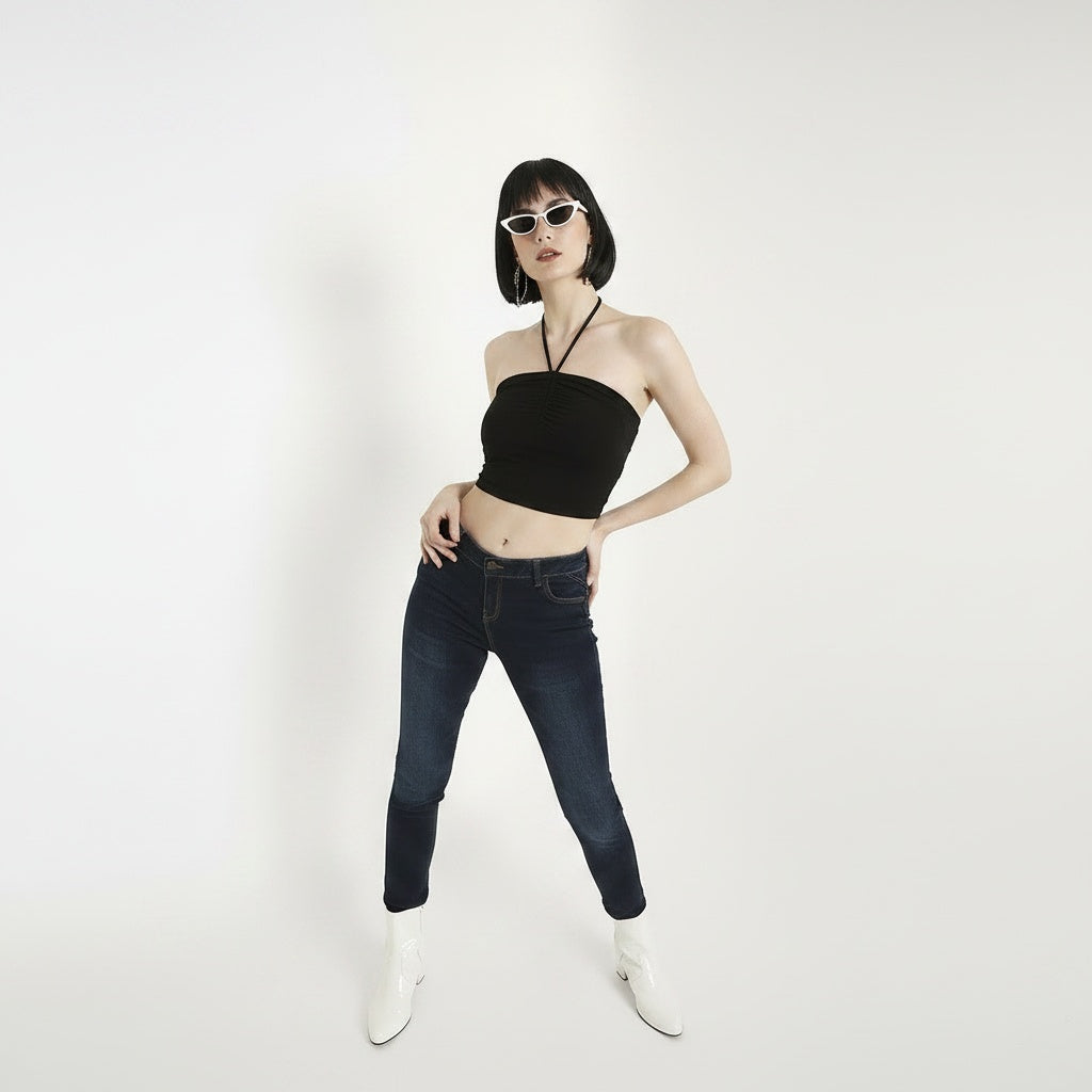 Black Ruched Beach Alter Neck Crop Top