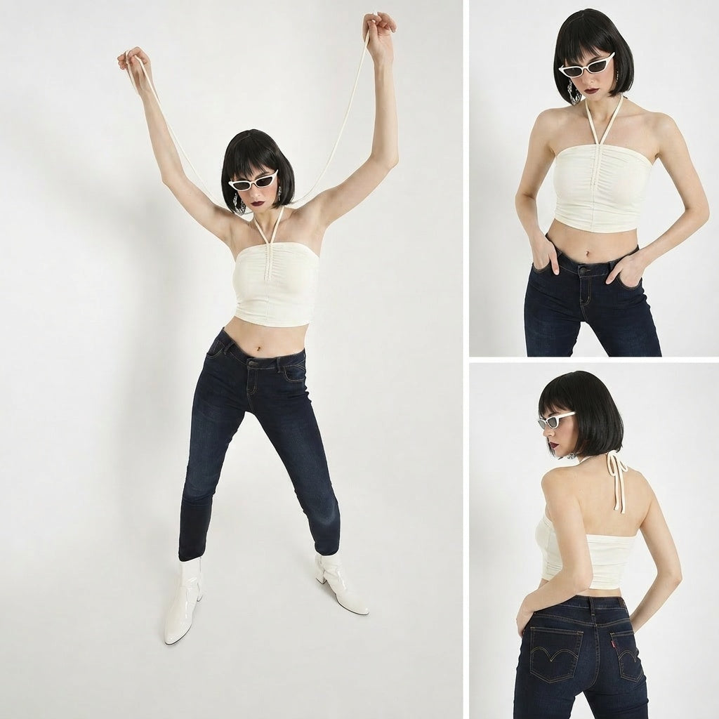 Egg White Ruched Beach Alter Neck Crop Top