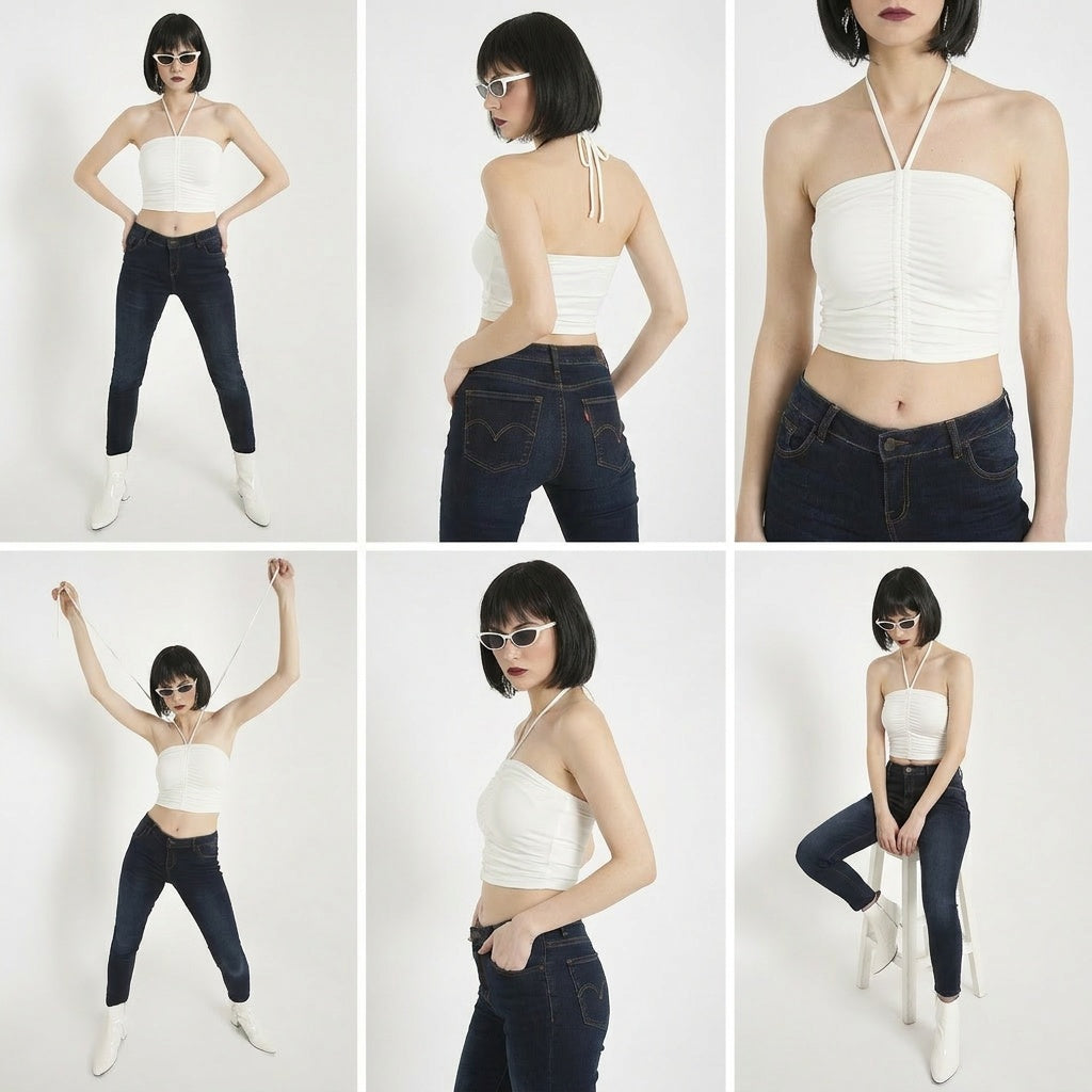 Egg White Ruched Beach Alter Neck Crop Top