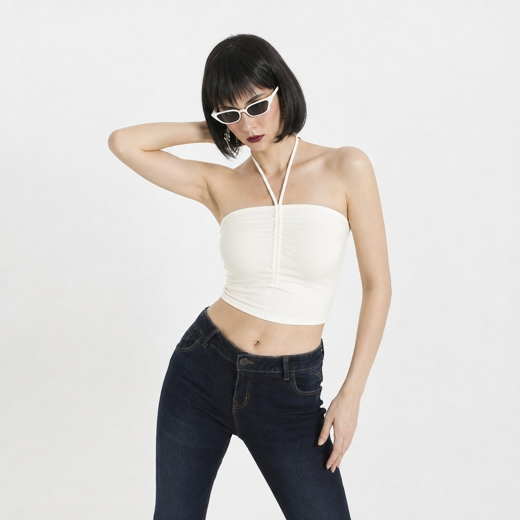 Egg White Ruched Beach Alter Neck Crop Top