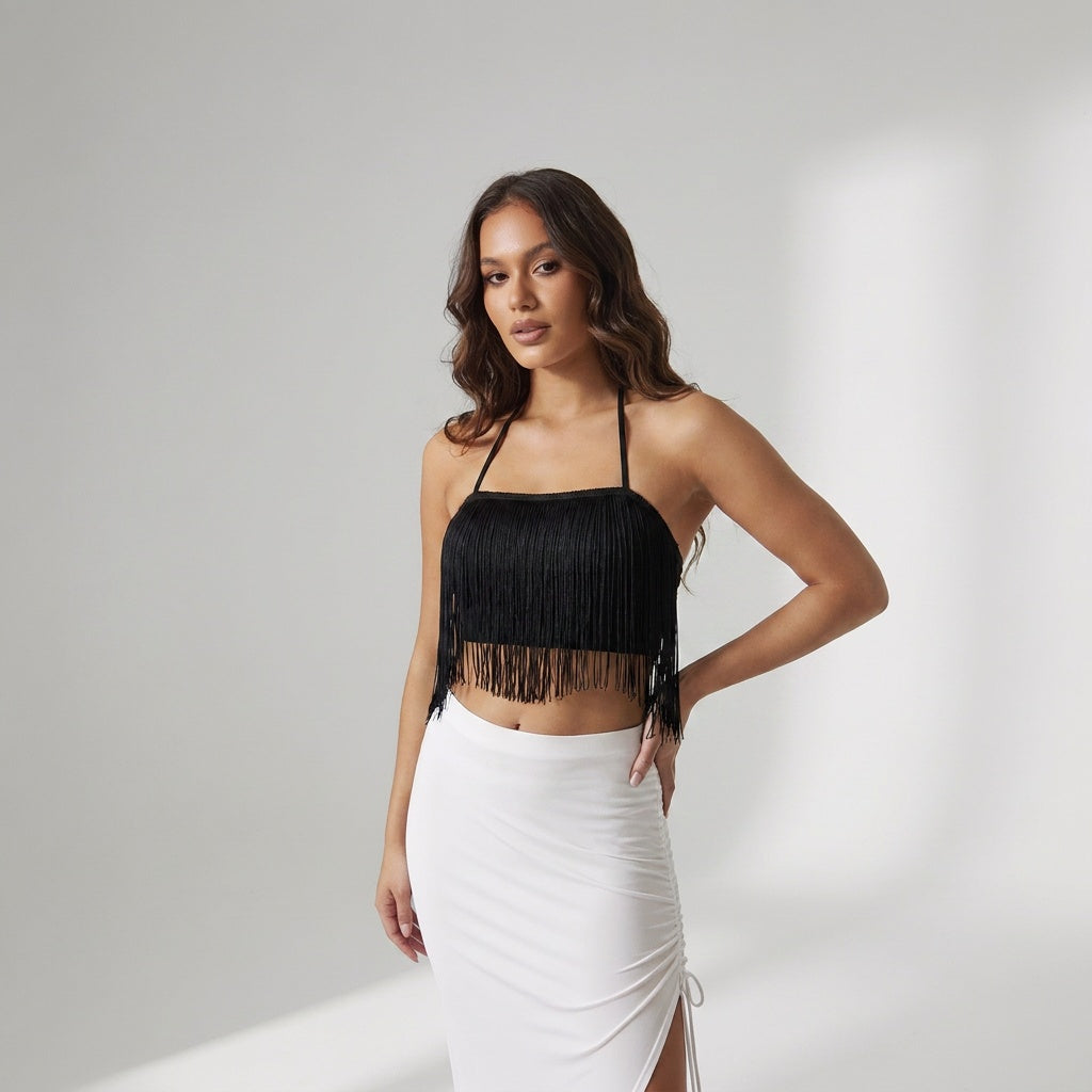 Black Halter Neck Fringes Tie up Top
