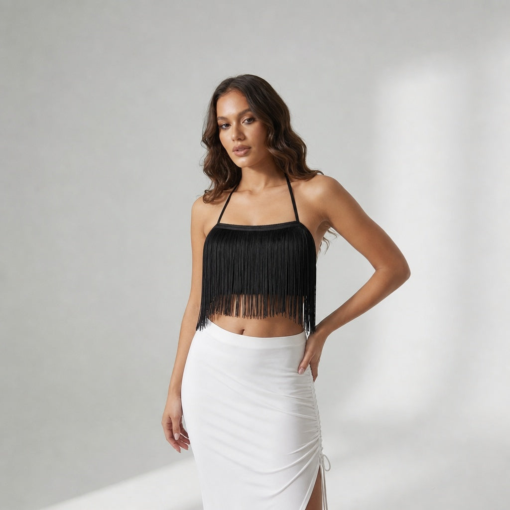 Black Halter Neck Fringes Tie up Top