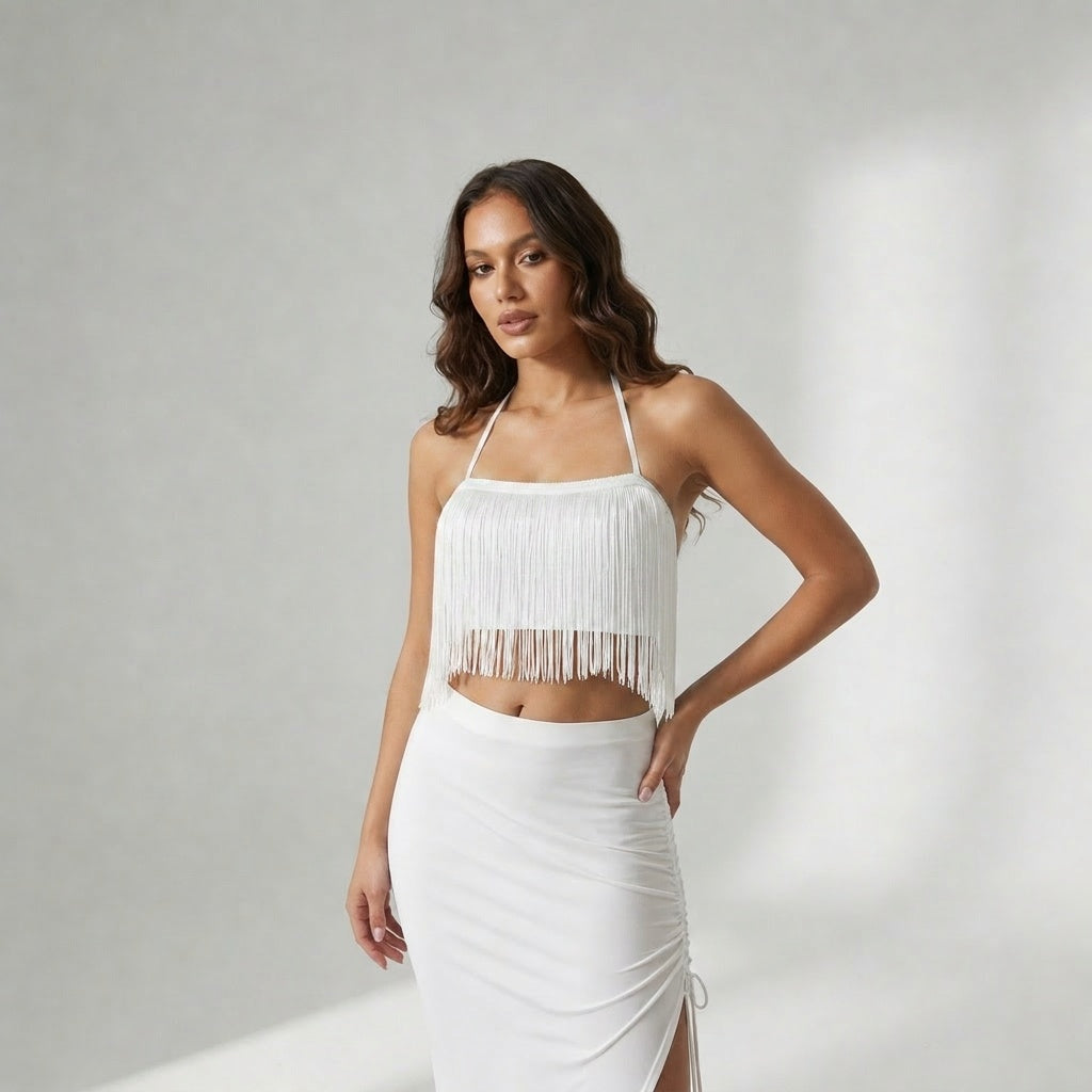 Egg White Halter Neck Fringes Tie up Top