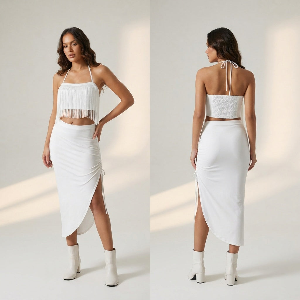 Egg White Halter Neck Fringes Tie up Top