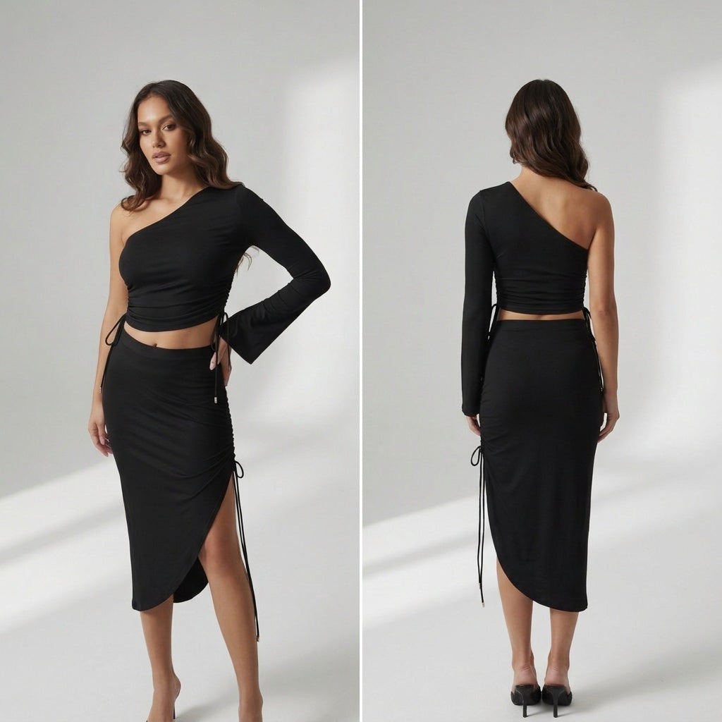 Black Drawstring Top + Drawstring Skirt Set