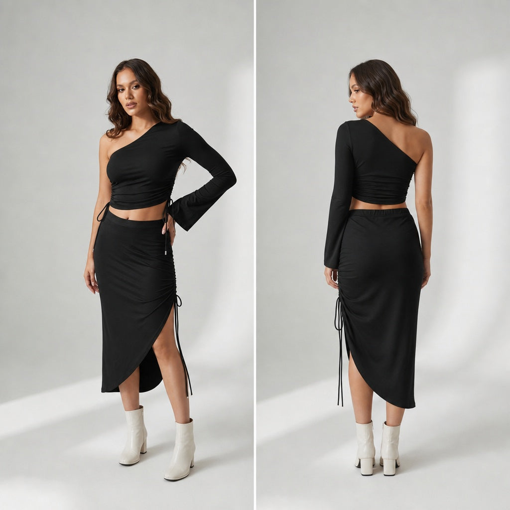 Black Drawstring Top + Drawstring Skirt Set