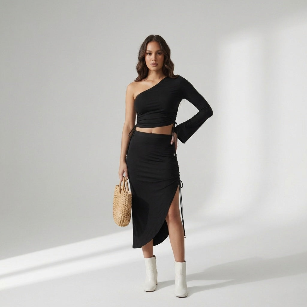 Black Drawstring Top + Drawstring Skirt Set