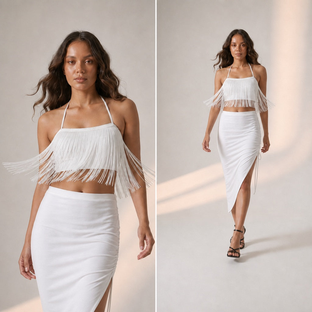 Egg White Fringe Top + Drawstring Skirt Set