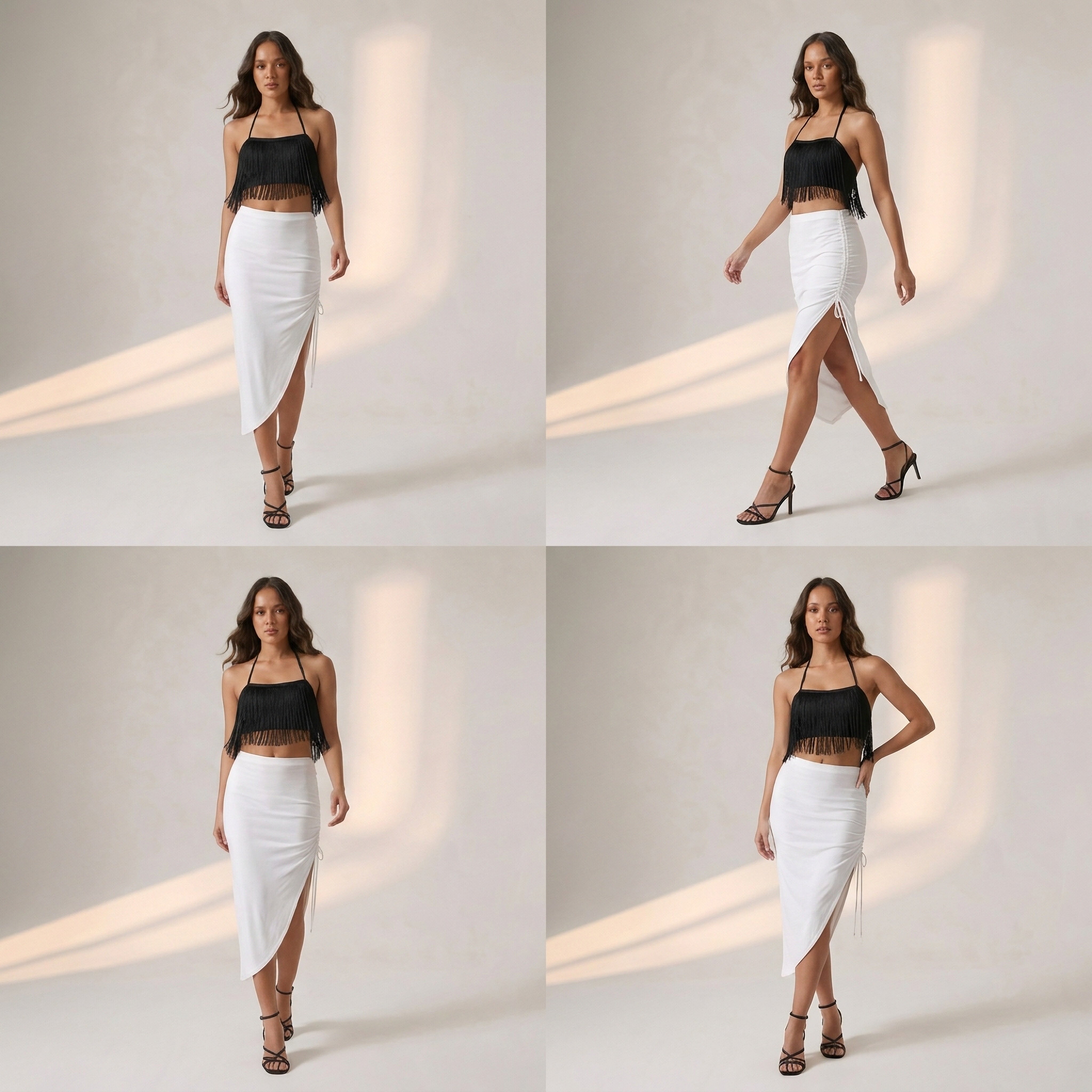 Black Fringe Top + Egg White Drawstring Skirt Set