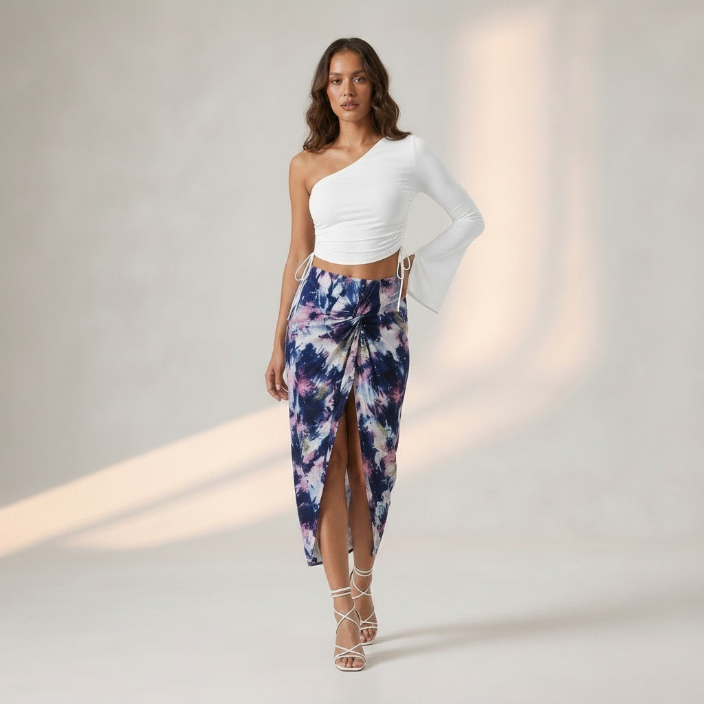 Egg White Drawstring Top + Purple Blend Abstract Skirt Set