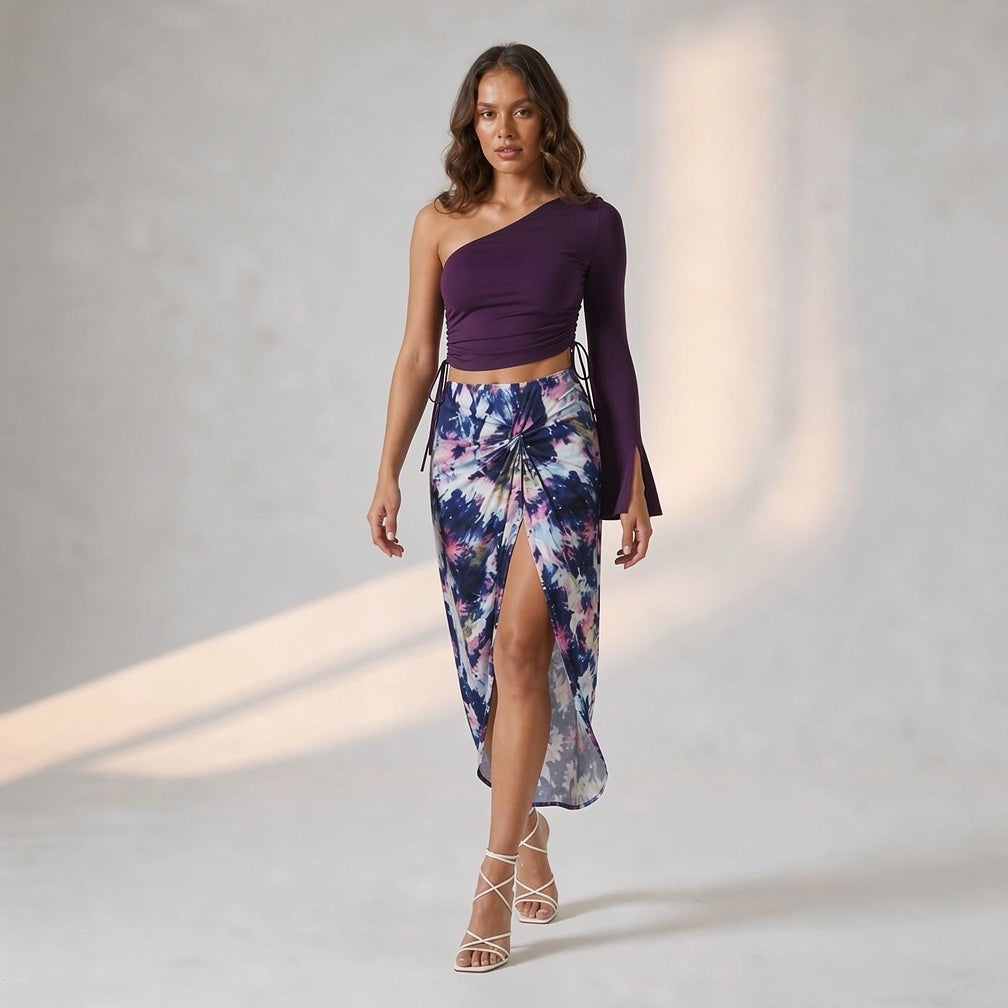 Purple Drawstring Top + Purple Blend Abstract Skirt Set