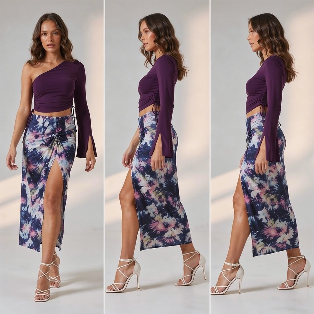 Purple Drawstring Top + Purple Blend Abstract Skirt Set