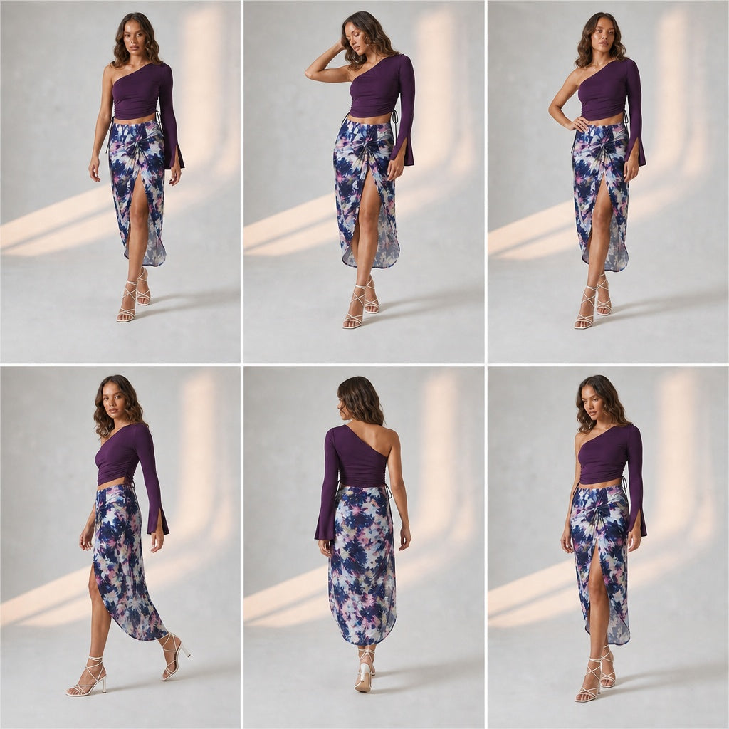 Purple Drawstring Top + Purple Blend Abstract Skirt Set