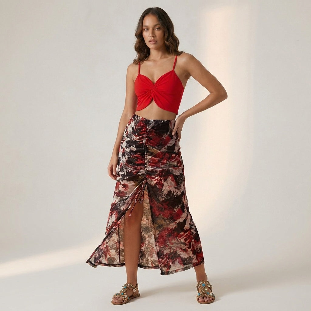 Red Butterfly Top + Abstract Print Skirt Set
