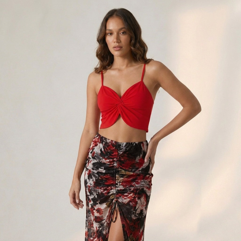 Red Butterfly Top + Abstract Print Skirt Set